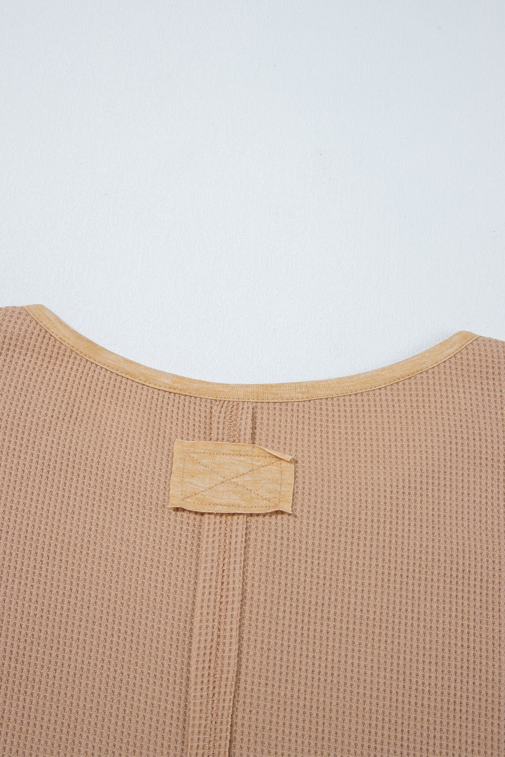 Dark Khaki Color Block Waffle Textured Tunic Henley Top with Slits