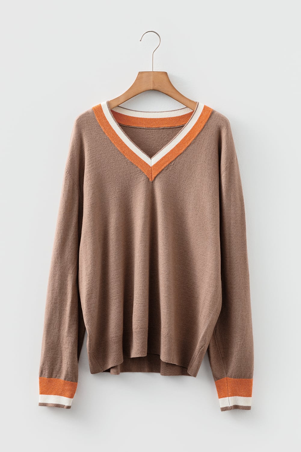 Dark Khaki Contrast Striped Trim V Neck Varsity Sweater