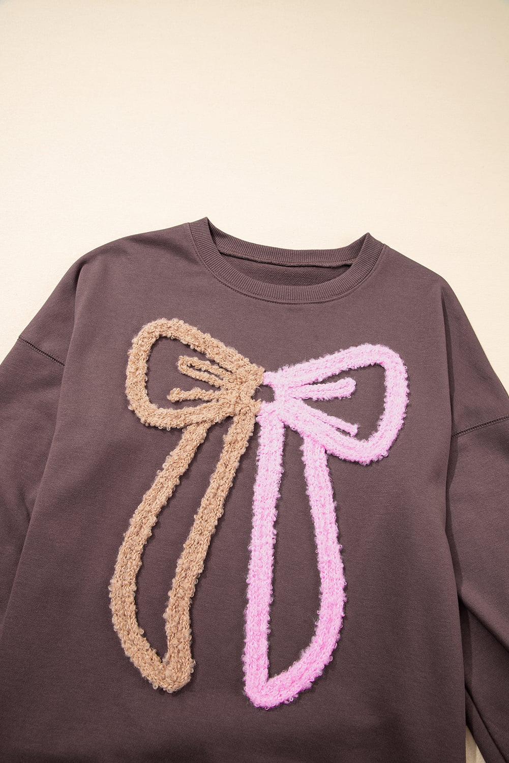 Dark Khaki Contrast Terry Bow Pattern Drop Shoulder Sweatshirt