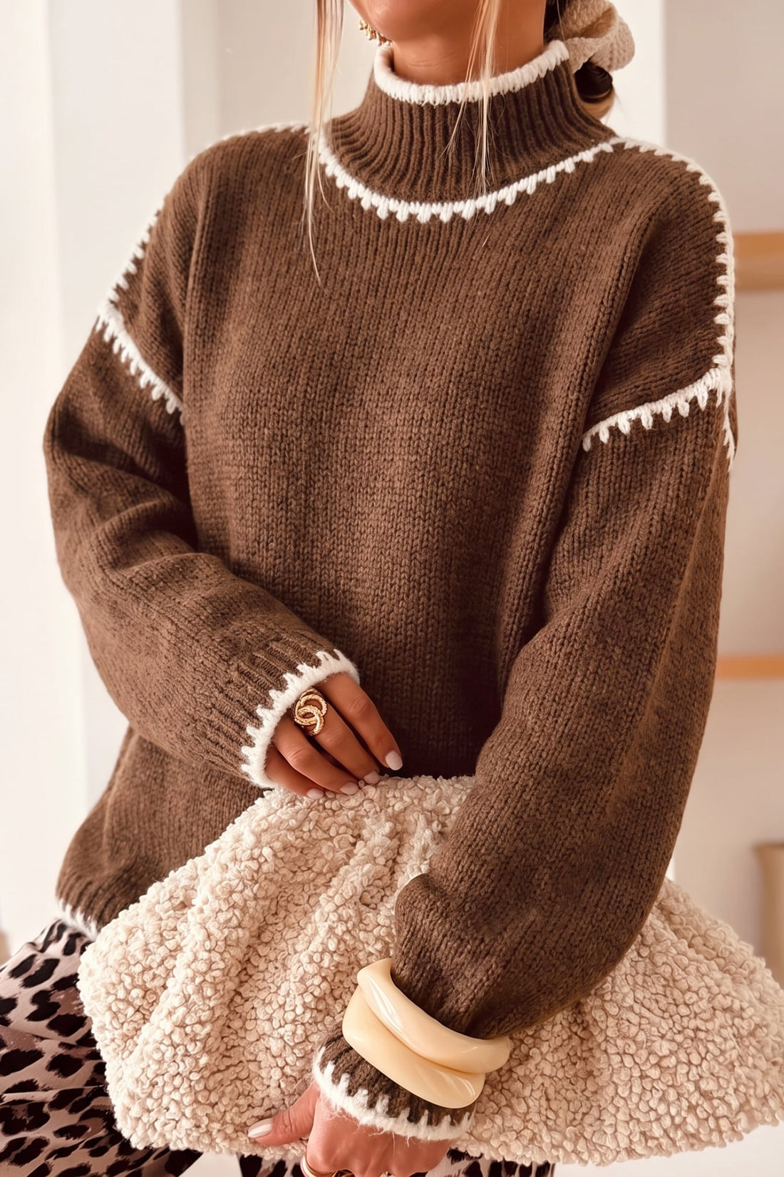 Dark Khaki Contrast Trim Mock Neck Drop Shoulder Relaxed Sweater