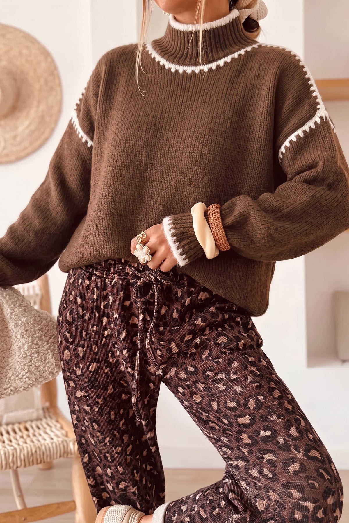 Dark Khaki Contrast Trim Mock Neck Drop Shoulder Relaxed Sweater