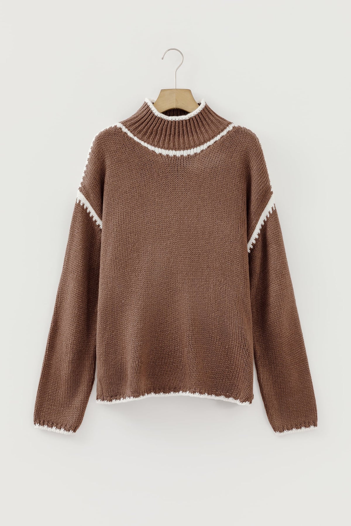 Dark Khaki Contrast Trim Mock Neck Drop Shoulder Relaxed Sweater