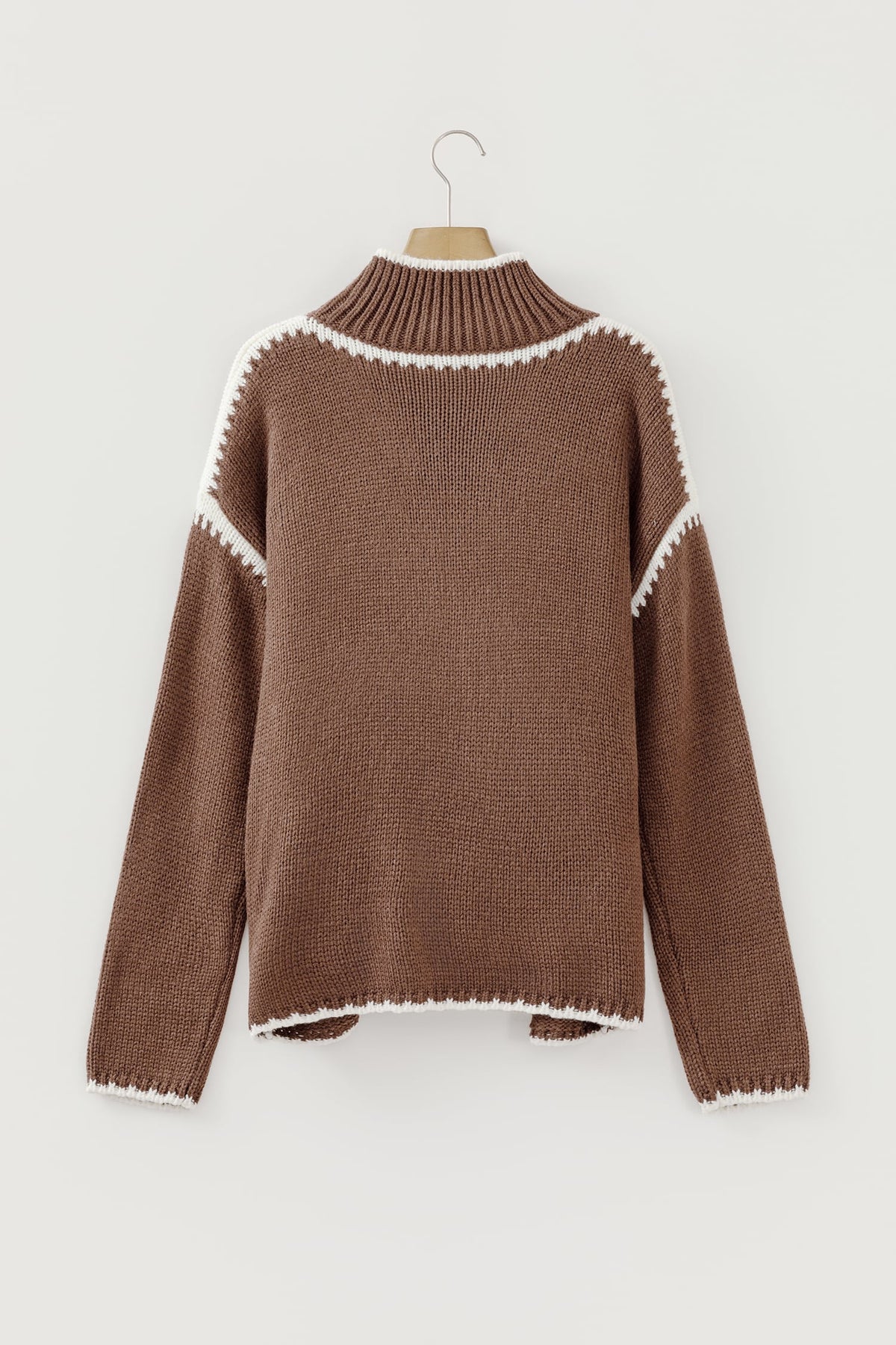 Dark Khaki Contrast Trim Mock Neck Drop Shoulder Relaxed Sweater