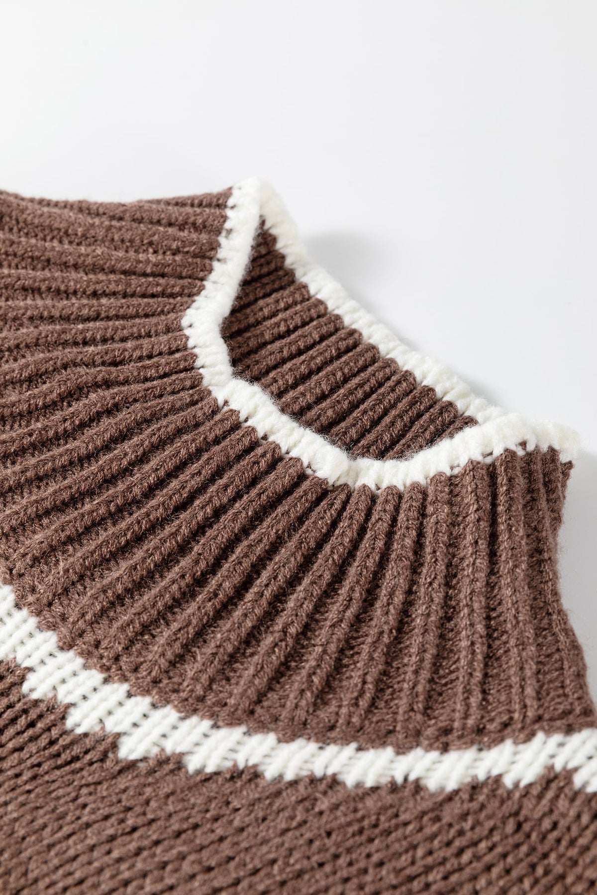 Dark Khaki Contrast Trim Mock Neck Drop Shoulder Relaxed Sweater