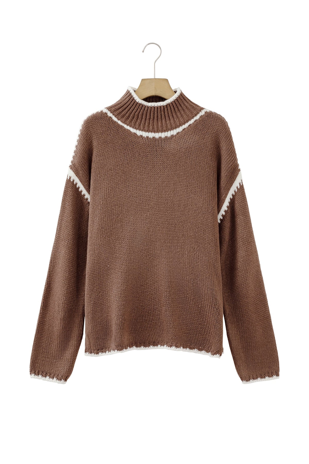 Dark Khaki Contrast Trim Mock Neck Drop Shoulder Relaxed Sweater