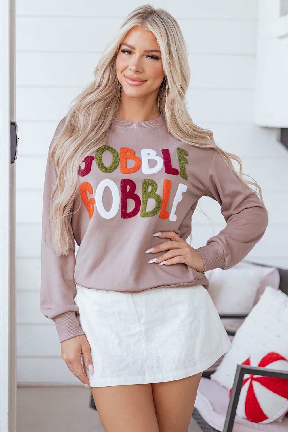 Dark Khaki GOBBLE Letter Graphic Thanksgiving Shift Sweatshirt