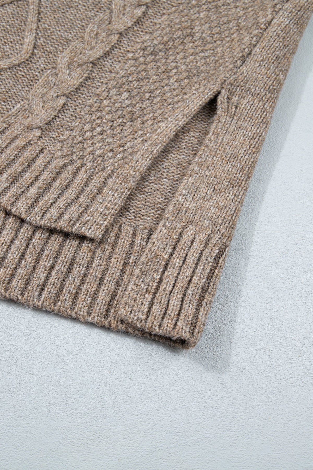 Dark Khaki High Neck Drop Shoulder Cable Knit Regular Length Sweater