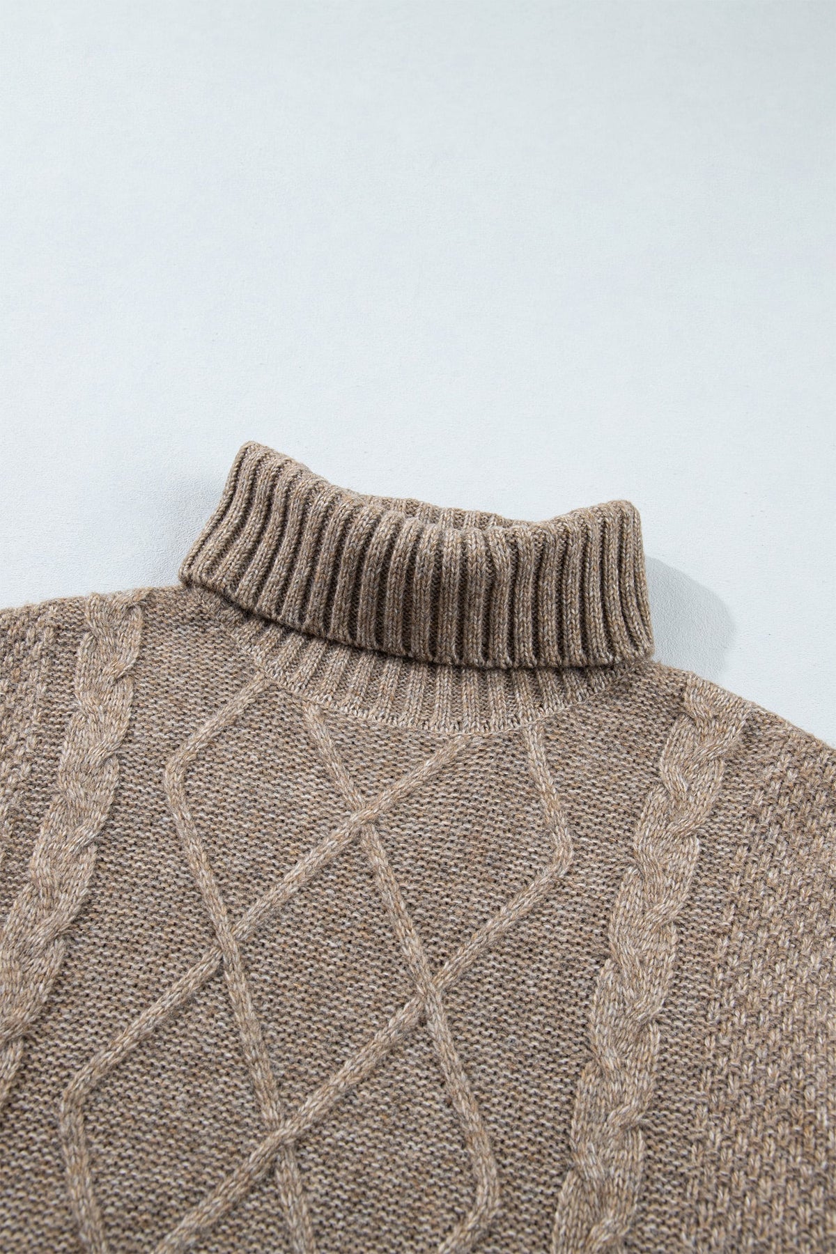 Dark Khaki High Neck Drop Shoulder Cable Knit Regular Length Sweater