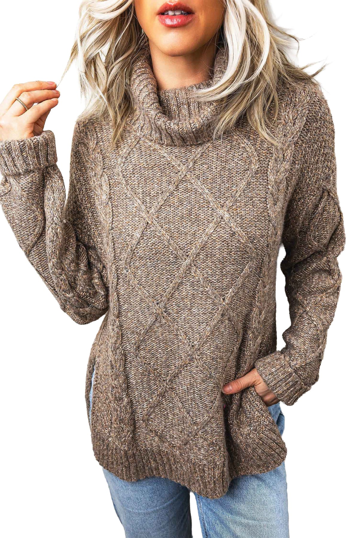 Dark Khaki High Neck Drop Shoulder Cable Knit Regular Length Sweater