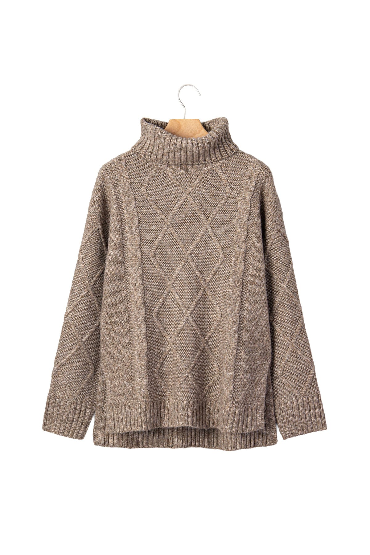Dark Khaki High Neck Drop Shoulder Cable Knit Regular Length Sweater
