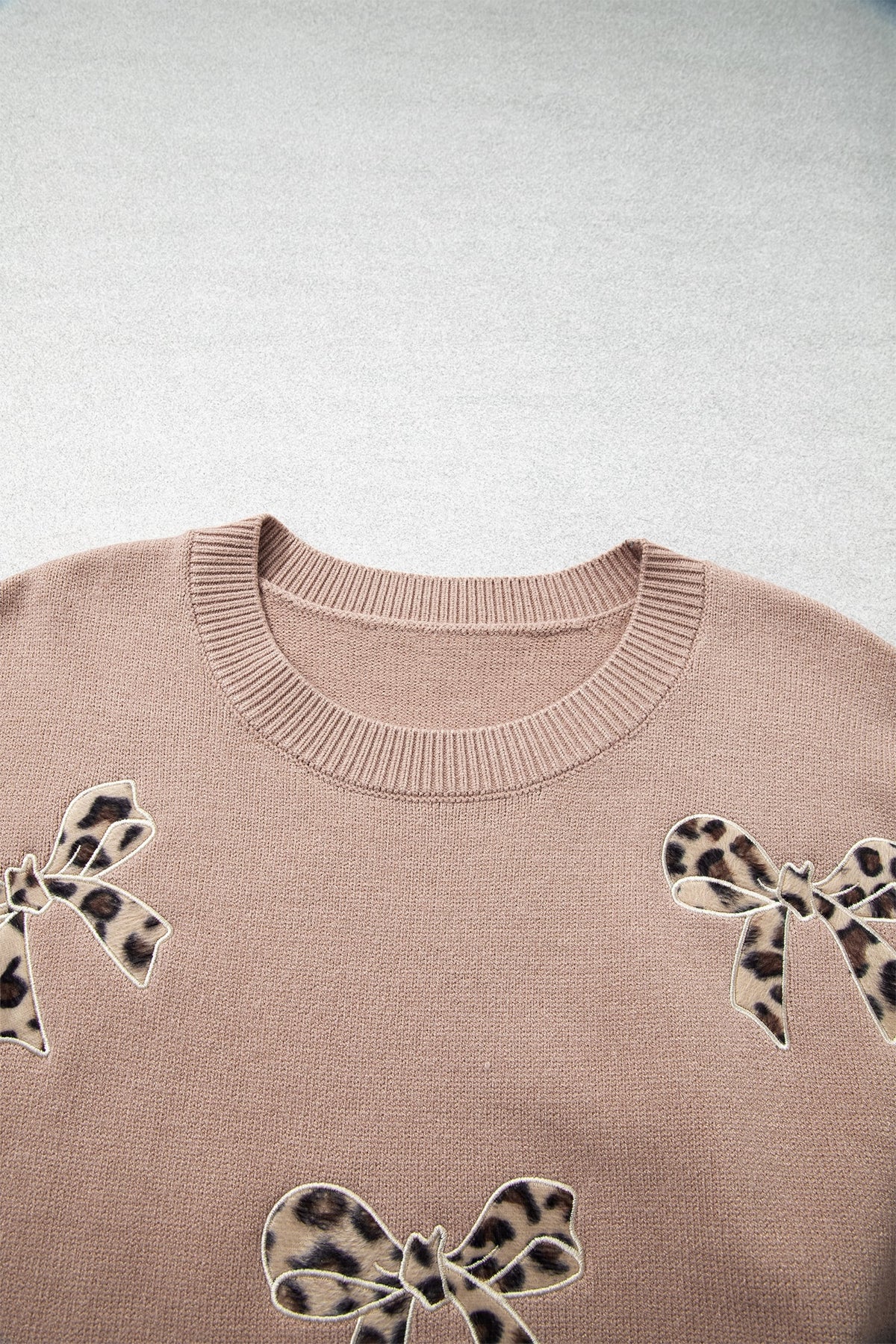 Dark Khaki Leopard Bow Embroidery Drop Shoulder Tunic Plus Size Sweater