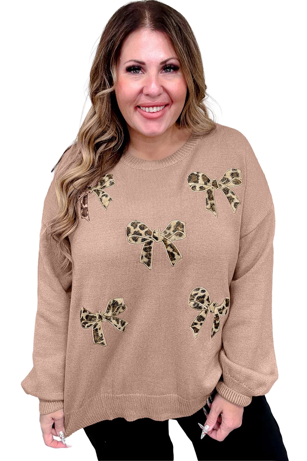 Dark Khaki Leopard Bow Embroidery Drop Shoulder Tunic Plus Size Sweater