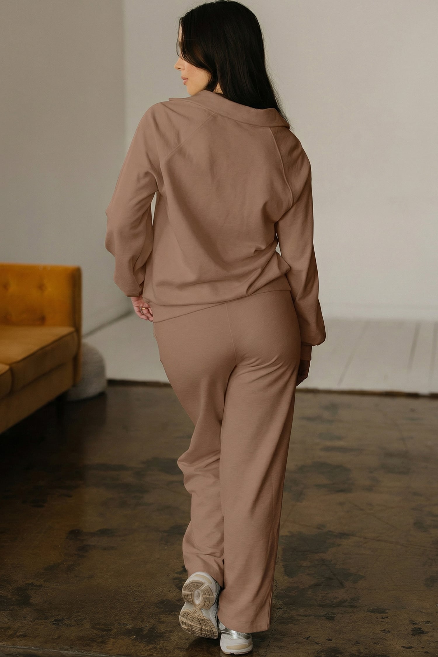 Dark Khaki Polo Collar V Neck Pullover and Drawstring Sweatpants Set