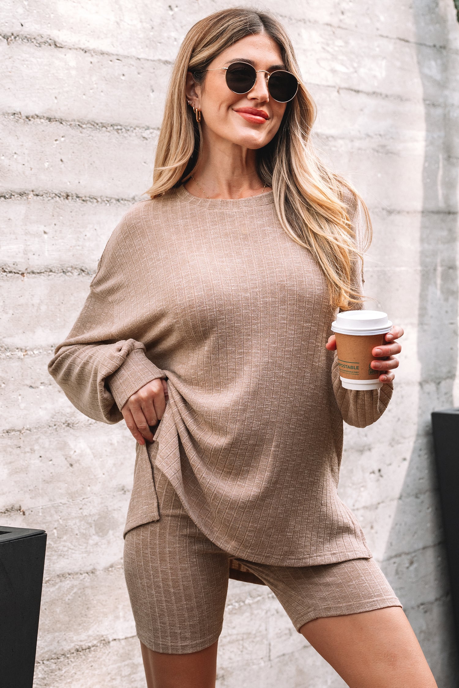 Dark Khaki Ribbed Balloon Sleeve Pullover Top and Biker Knitted Short Set