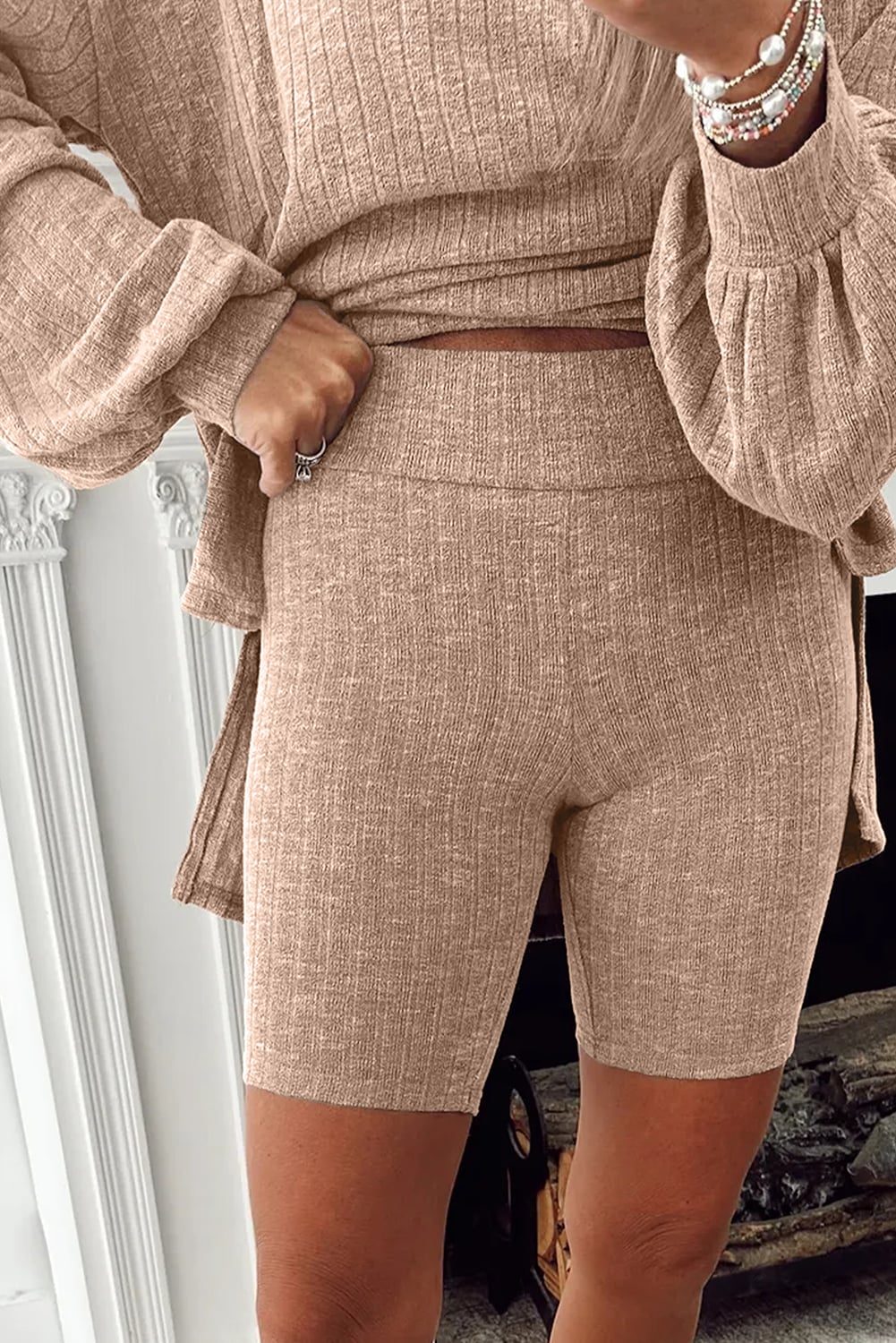 Dark Khaki Ribbed Balloon Sleeve Pullover Top and Biker Knitted Short Set