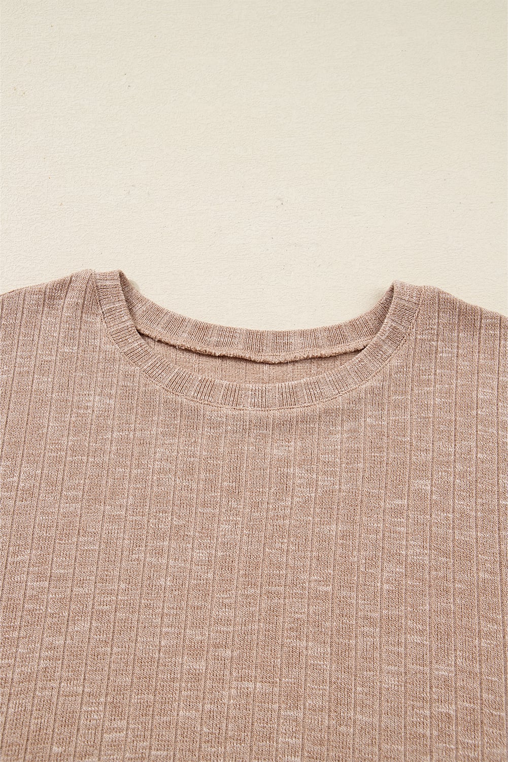 Dark Khaki Ribbed Balloon Sleeve Pullover Top and Biker Knitted Short Set