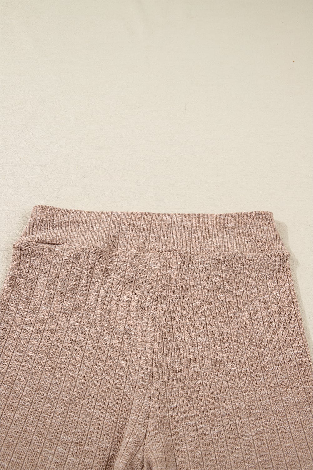 Dark Khaki Ribbed Balloon Sleeve Pullover Top and Biker Knitted Short Set