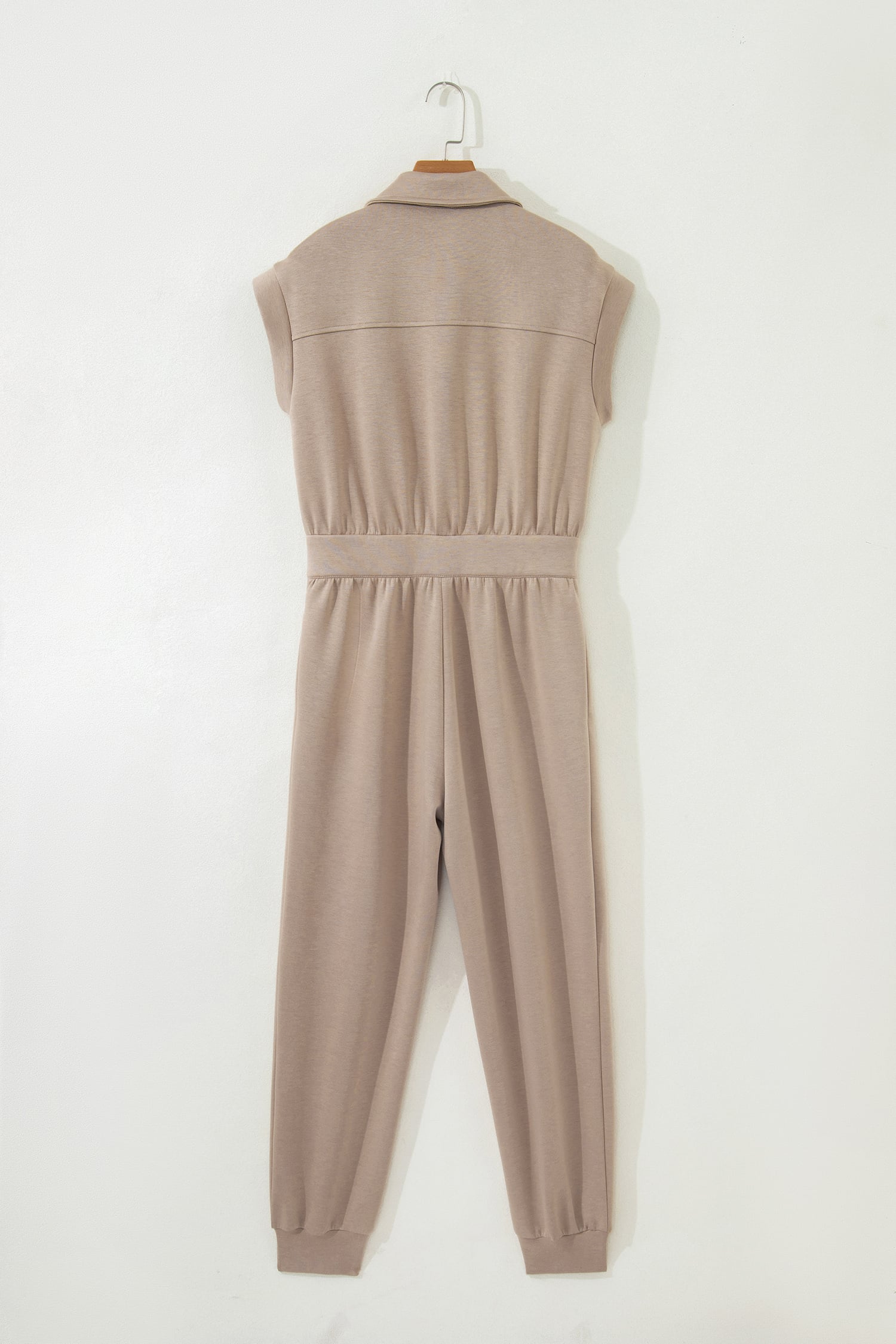 Dark Khaki Solid Color Zip Front Short Sleeve Collared Jumpsuit