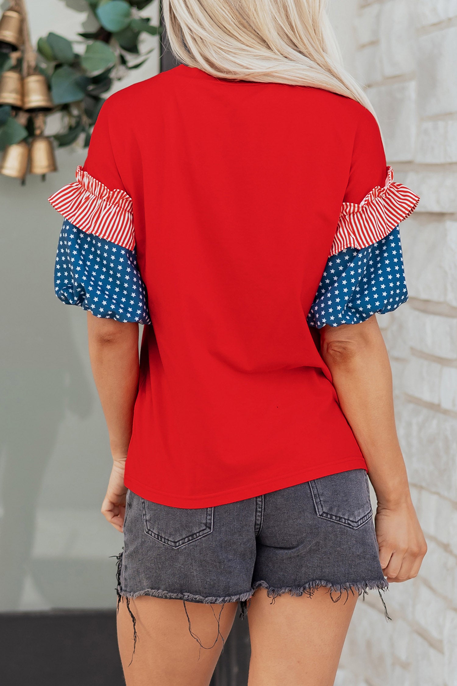 Fiery Red Patriotic Sequin Bow Contrast Puff Sleeve Blouse
