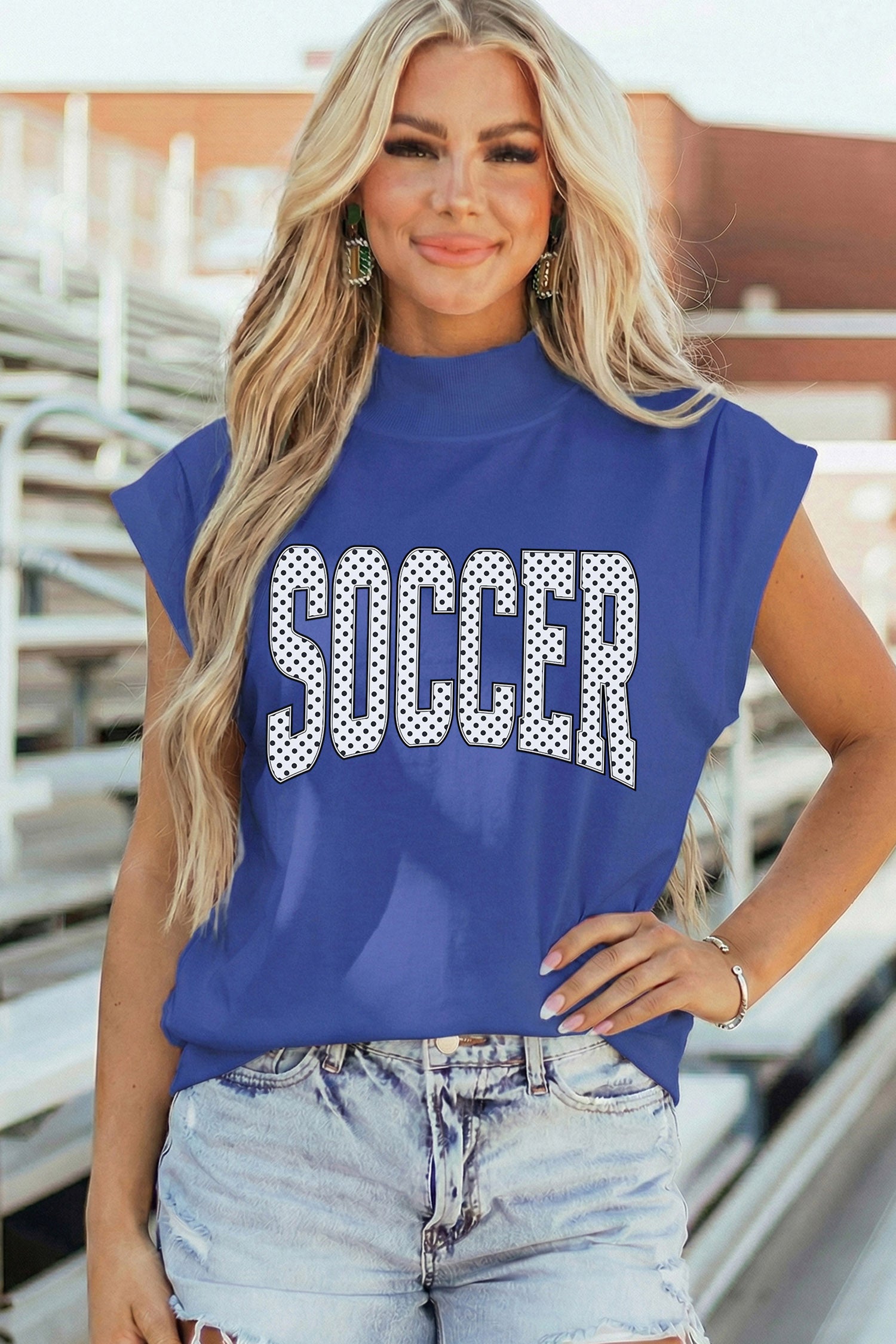 Sky Blue Polka Dot SOCCER Lettering Mock Neck Short Sleeve Top