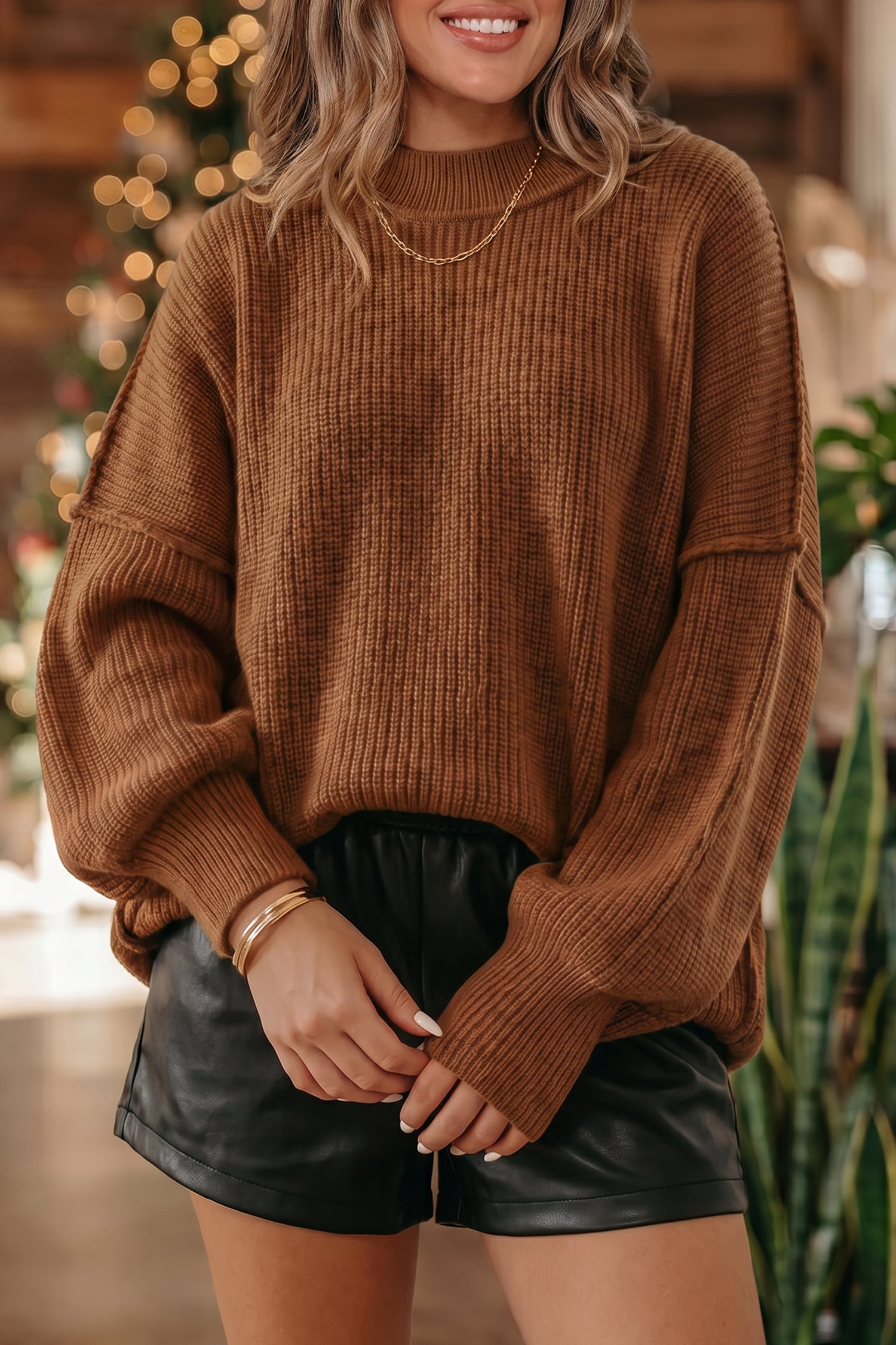 Chestnut Long Sleeve Ribbed Knit Stand Neck Regular Fit Sweater
