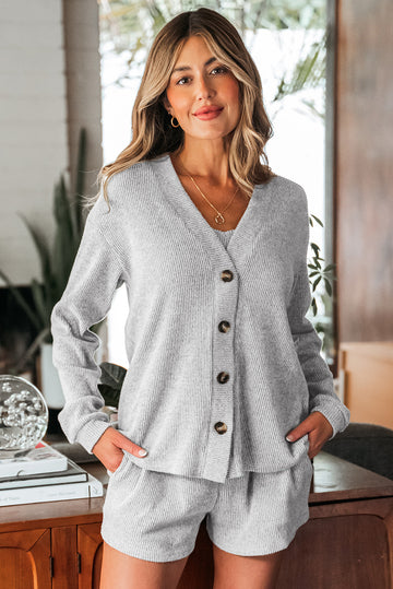 Light Grey 3 Pieces Rib Crop Camisole Matching Shorts Lounge Set with Cardigan