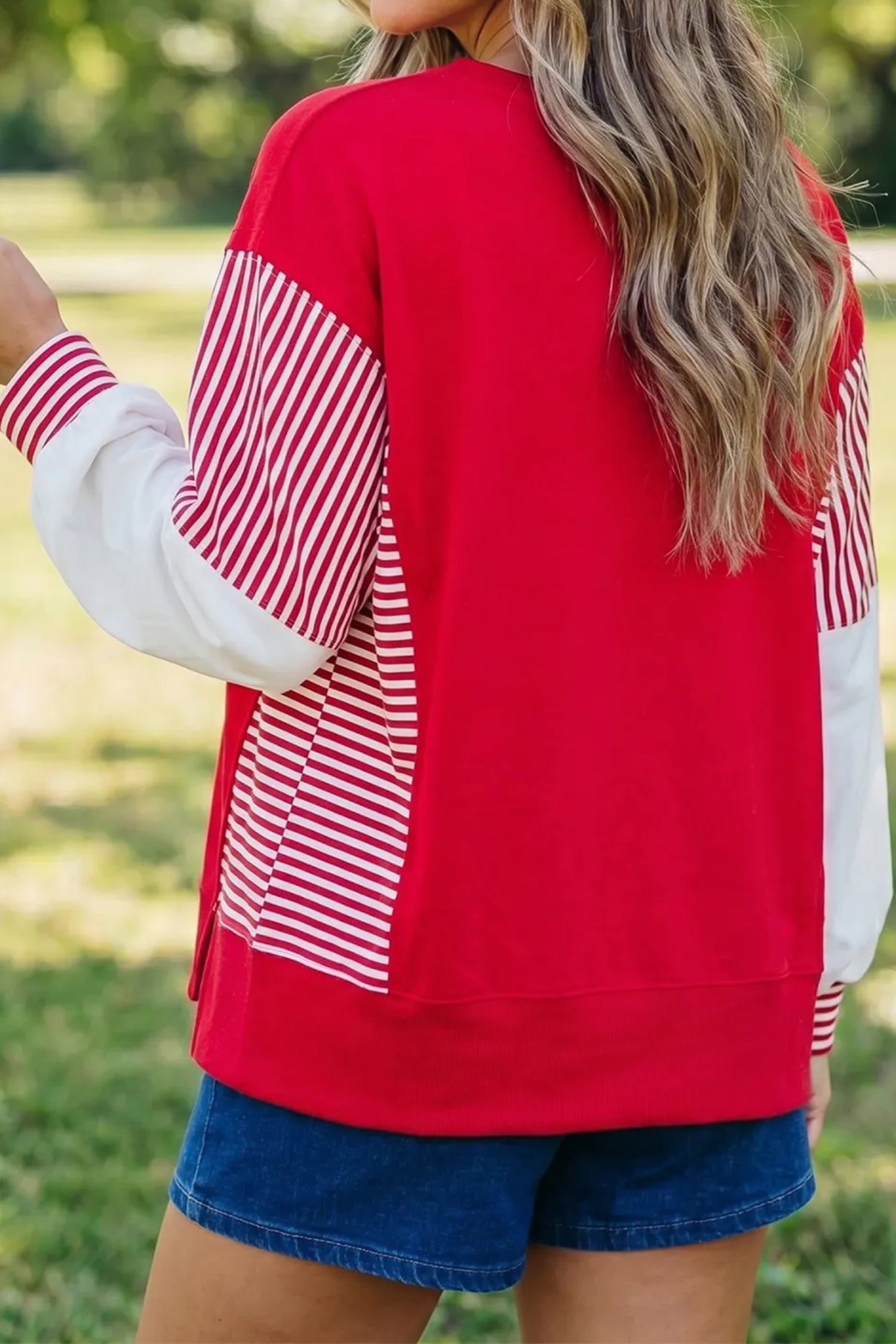 Fiery Red Sequin Rugby Bow Print Striped Color Block Sleeve Patchwork Graphic Sweatshirt