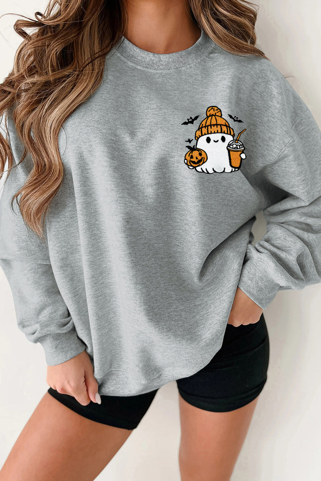 Light Grey Embroidered Halloween Ghost Pullover Casual Sweatshirt