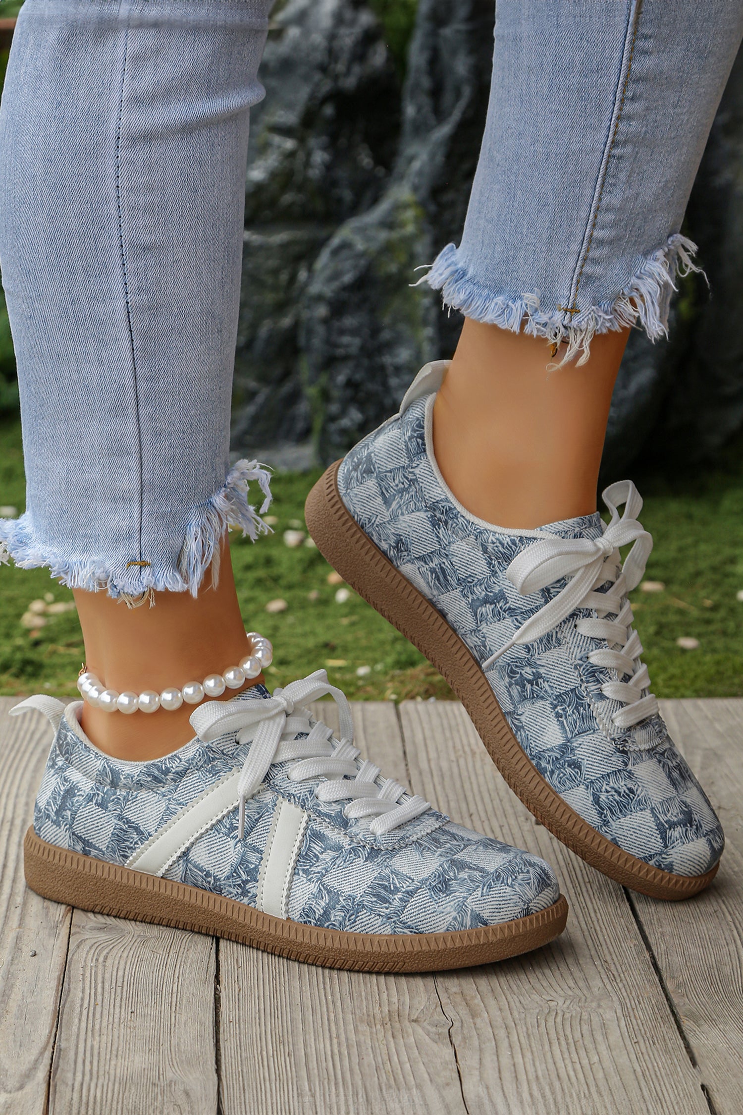 Ashleigh Blue Stylish Denim Checkered Print Lace Up Flat Shoes