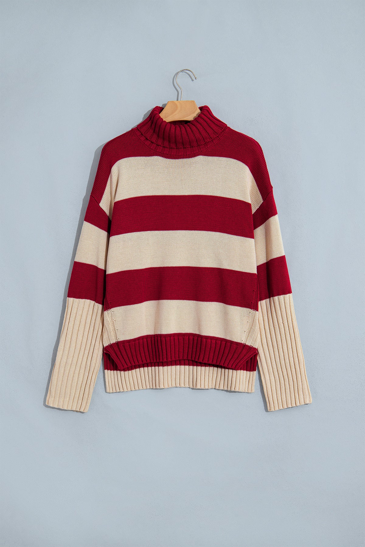 Red Stripe Ribbed Trim High Neck Relaxed Pullover Sweater