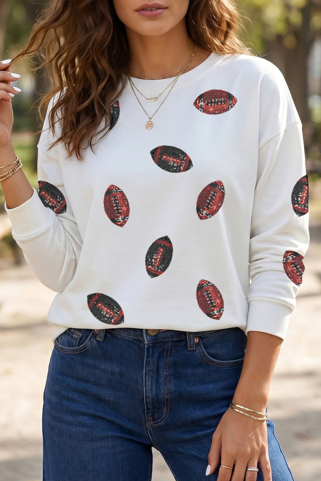 White Football Sequin Rugby Pattern Crewneck Long Sleeve Top