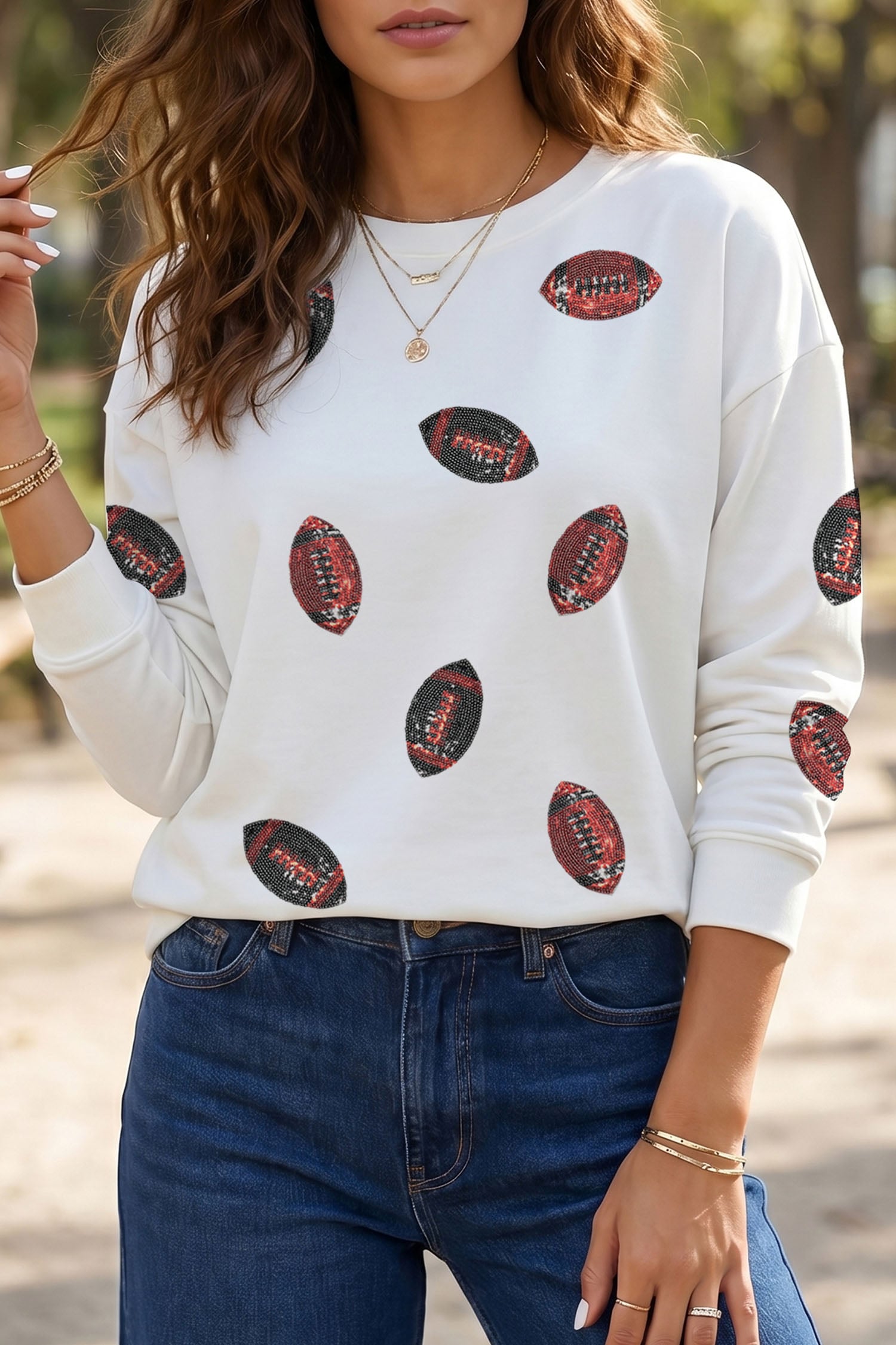 White Football Sequin Rugby Pattern Crewneck Long Sleeve Top