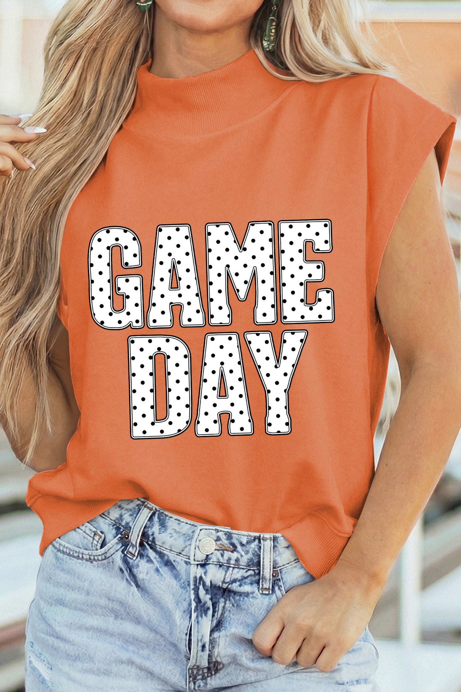 Orange Polka Dot Letter Print GAME Day High Neck Short Sleeve Top