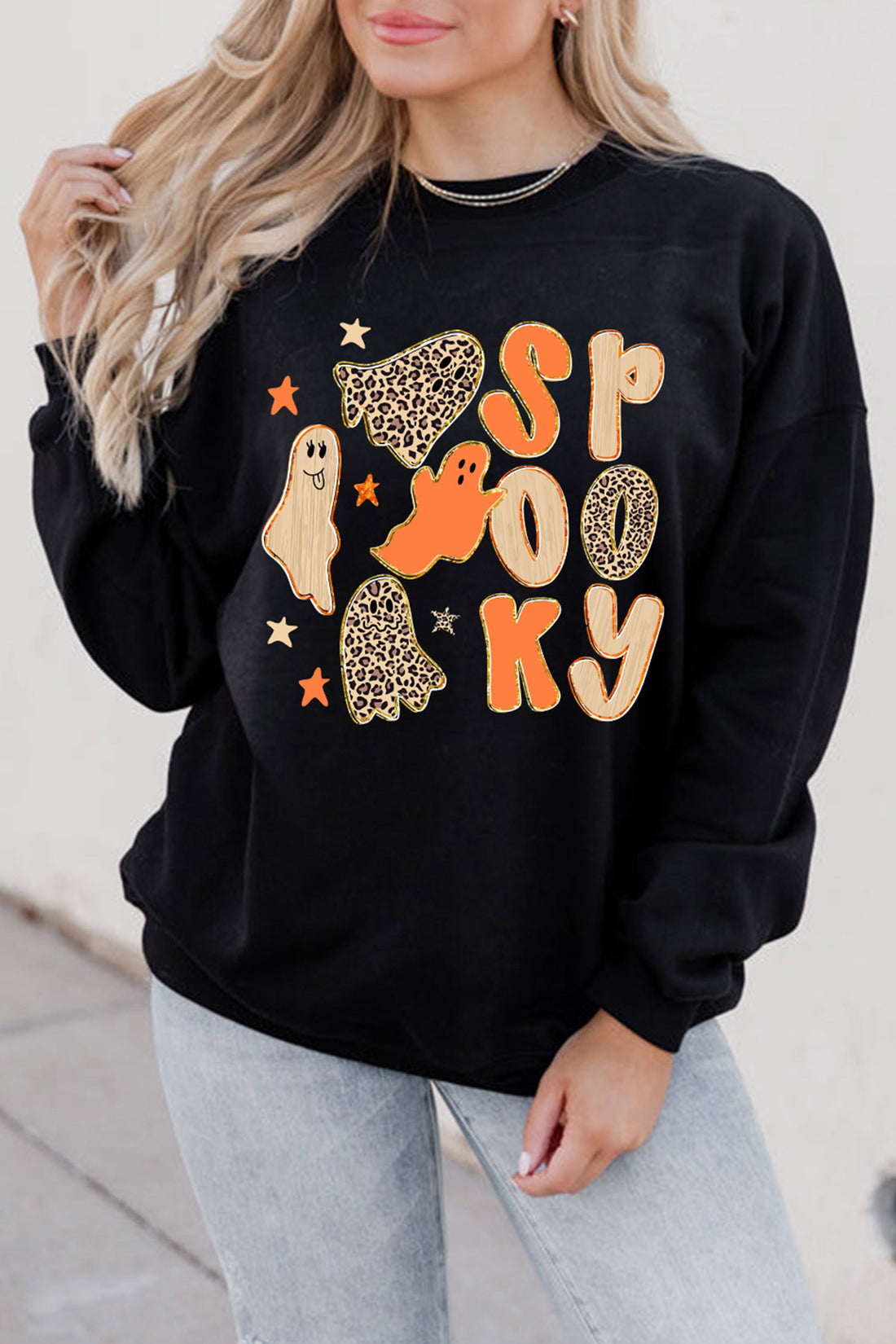 Black Leopard Print Ghost Pattern Spooky Halloween Pullover Sweatshirt