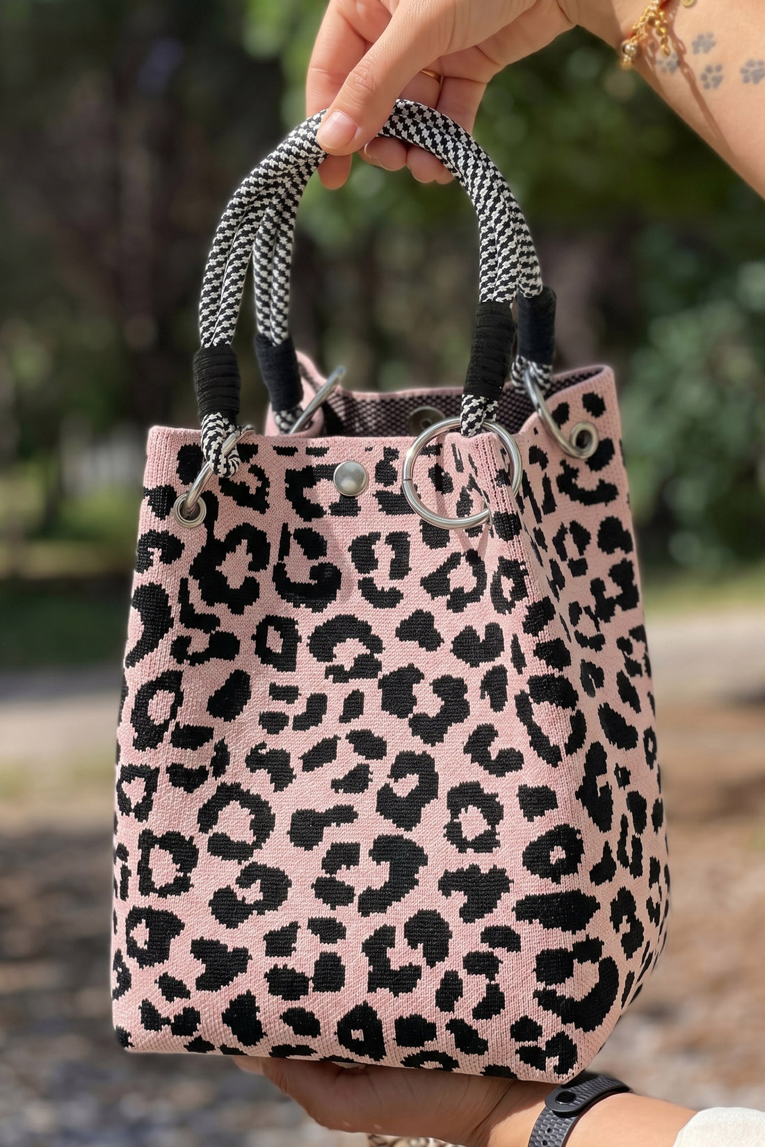 Pink Leopard Print Polyester Woven Thick Handle Tote Bag
