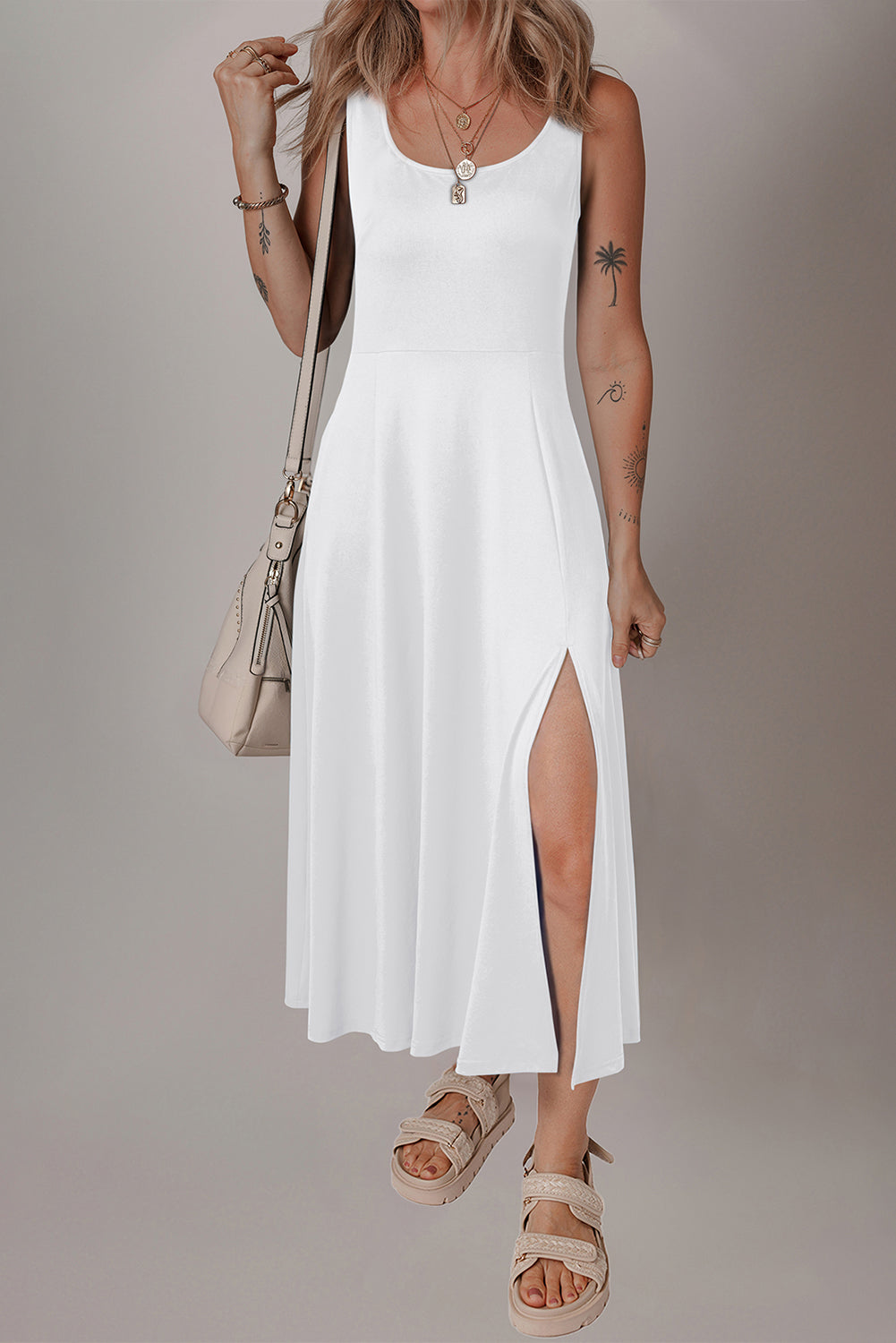 White Sleeveless Scoop Neck Flared Split Midi Dress