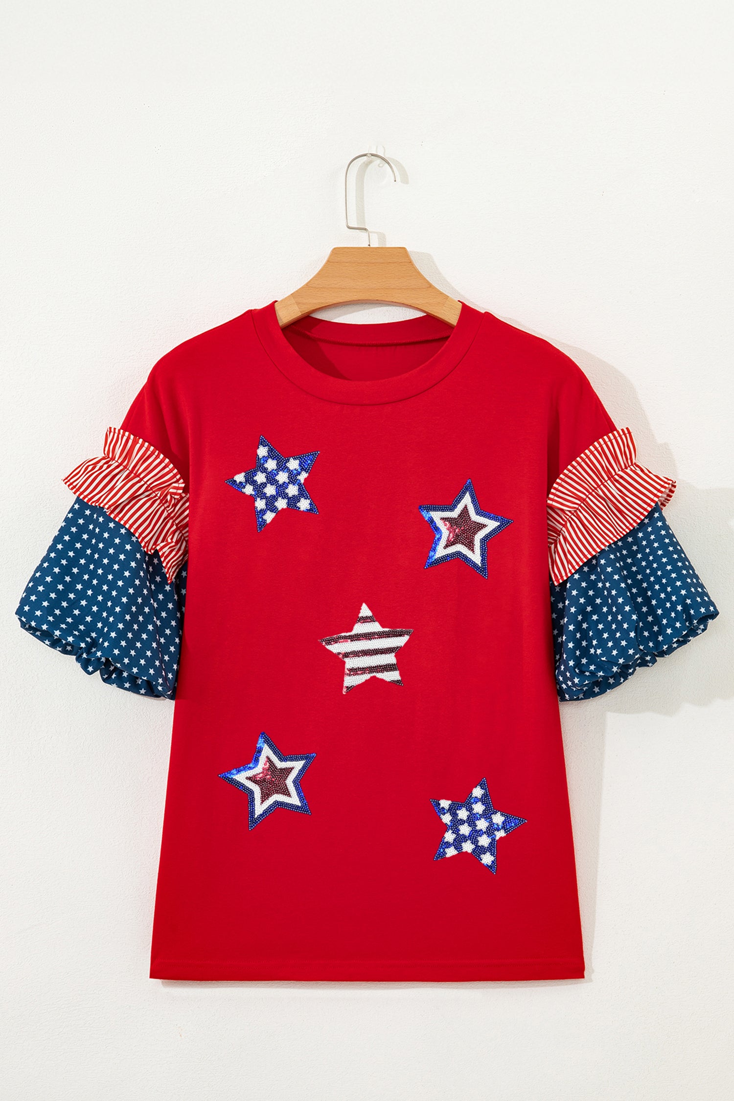 Fiery Red Patriotic Sequin Star Patched Stars and Stripes Contrast Sleeve Top