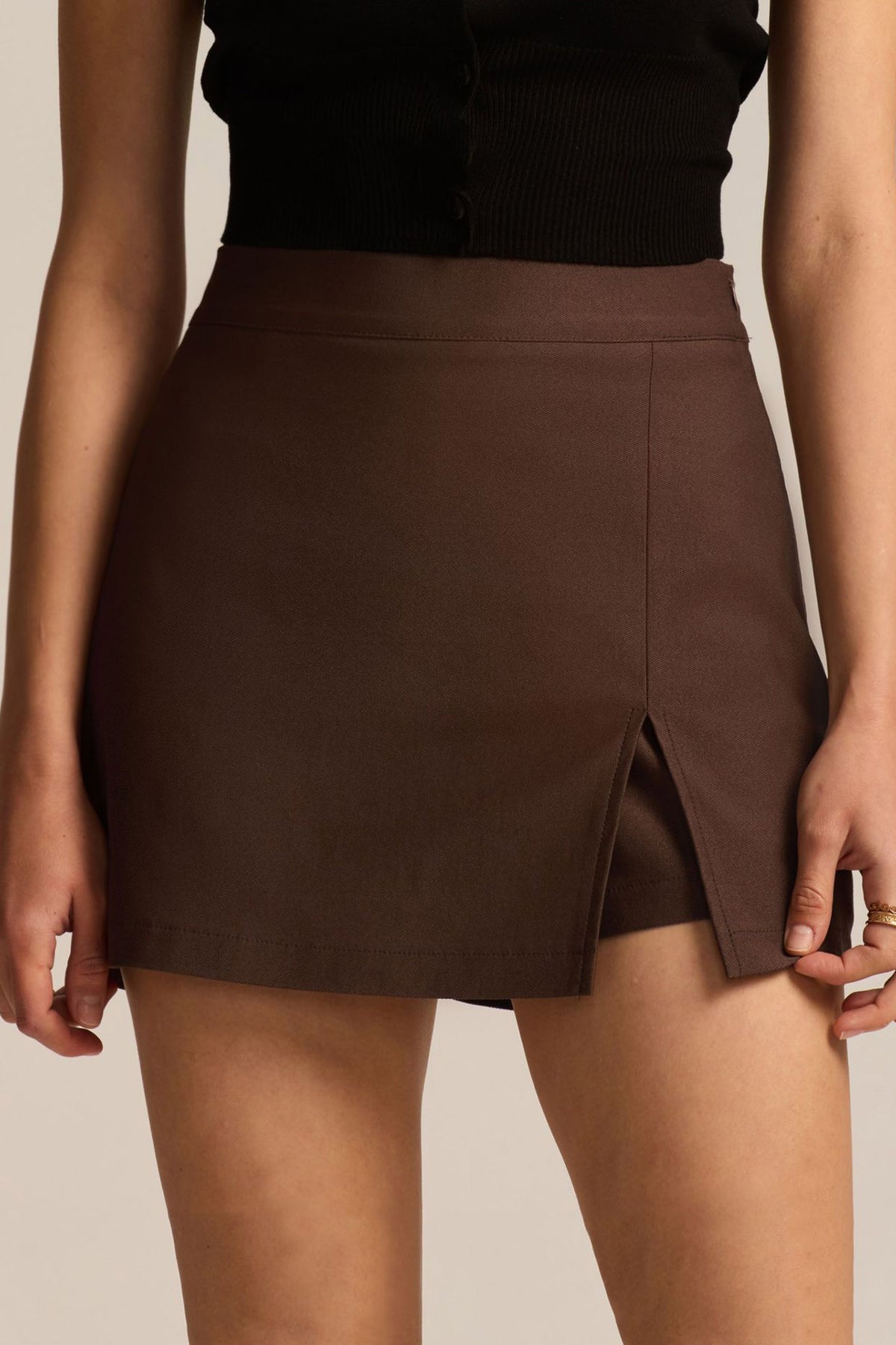 Coffee Solid High Waist Split Front Casual Skort