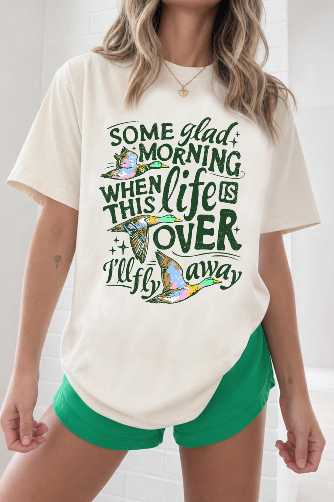 White Life Slogan Western Flying Mallard Print Relaxed T Shirt