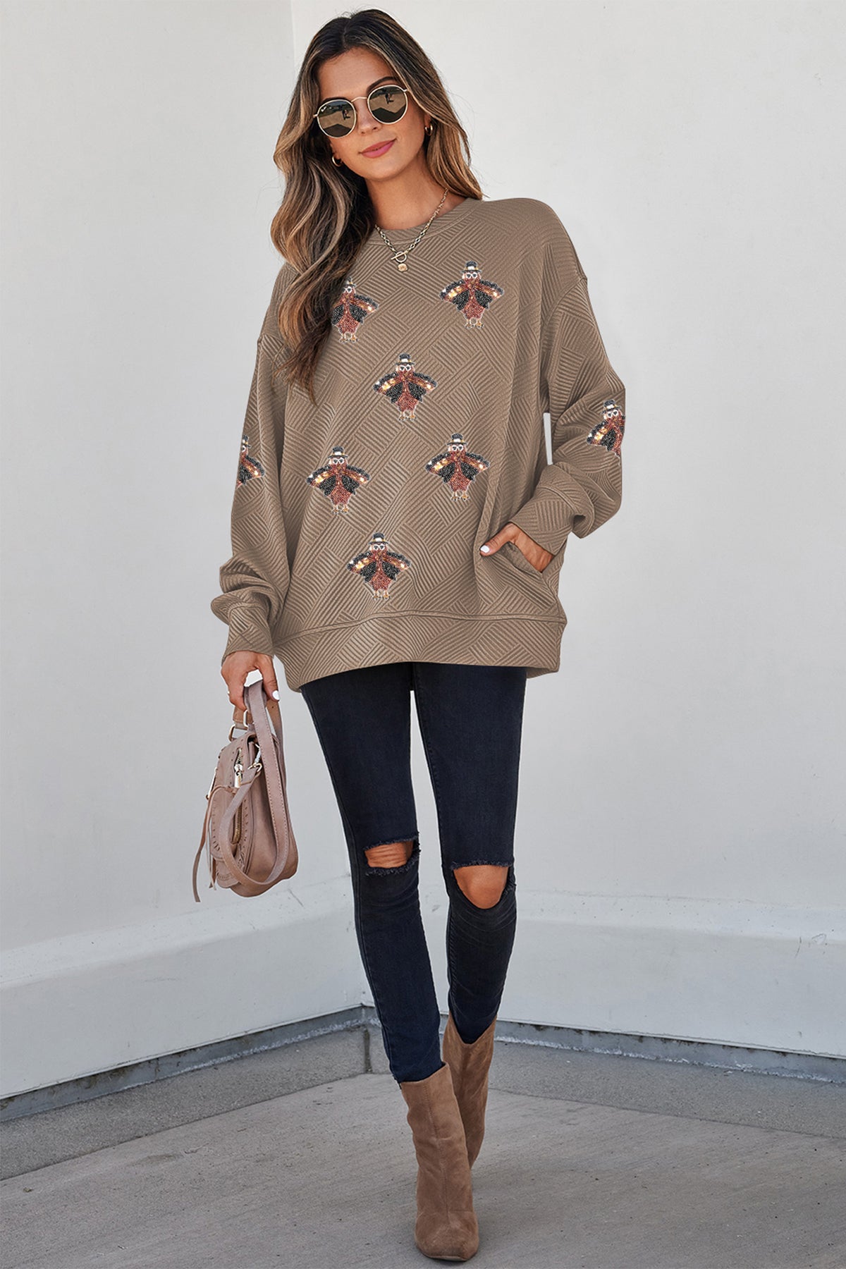 Parchment Trendy Textured Sequin Turkey Graphic Casual Pullover Sweatshirt