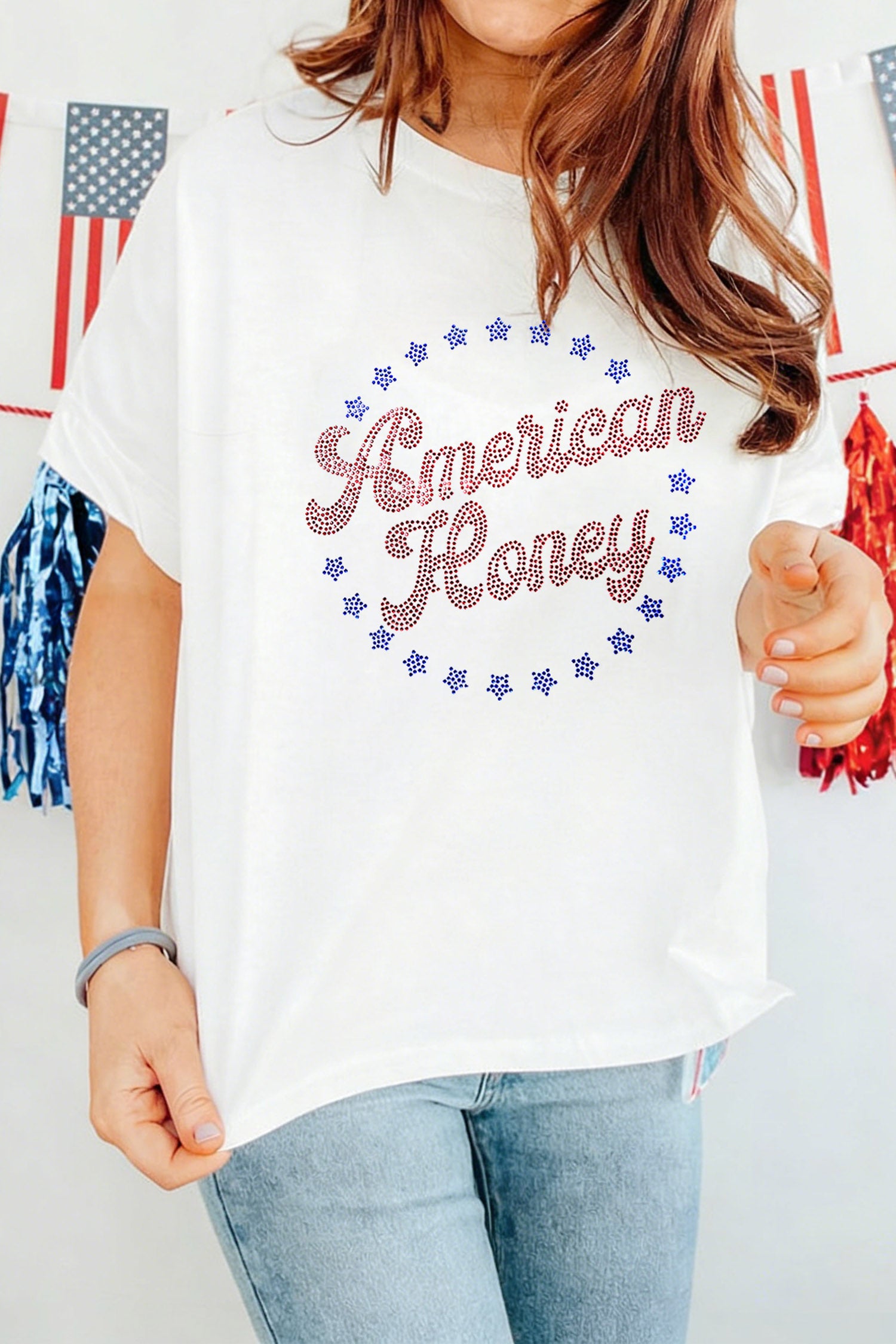White Patriotic American Honey Rhinestone Graphic T-Shirt