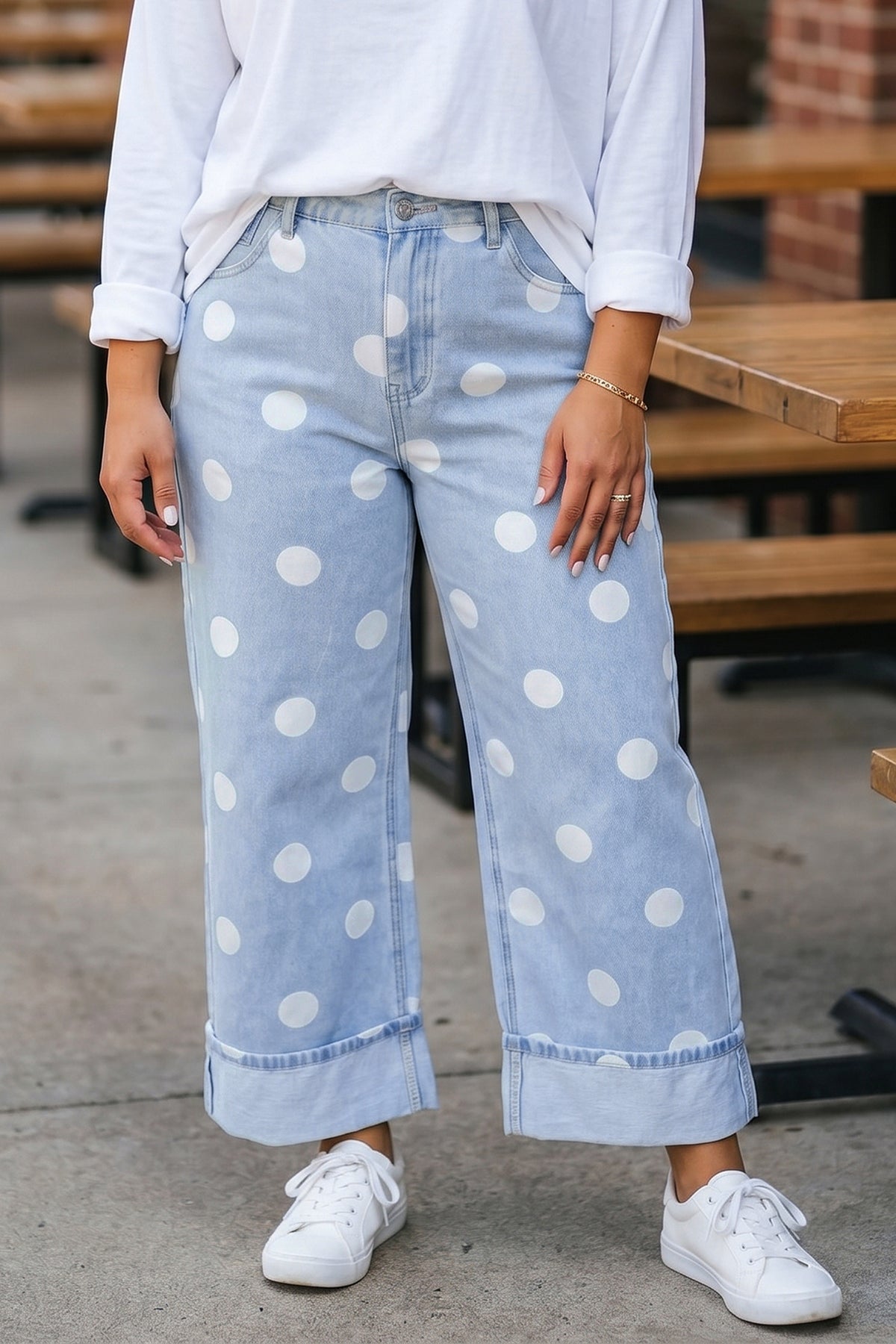 Sky Blue Polka Dot Full Length Regular Fit Plus Size Jeans