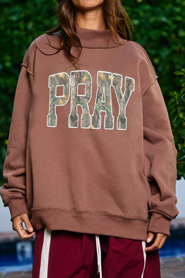 Coffee Mock Neck Camo PRAY Graphic Sweatshirt