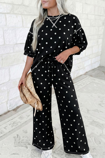 Black Polka Dot Half Sleeve Loose Top Elastic Waist Casual Pants Set