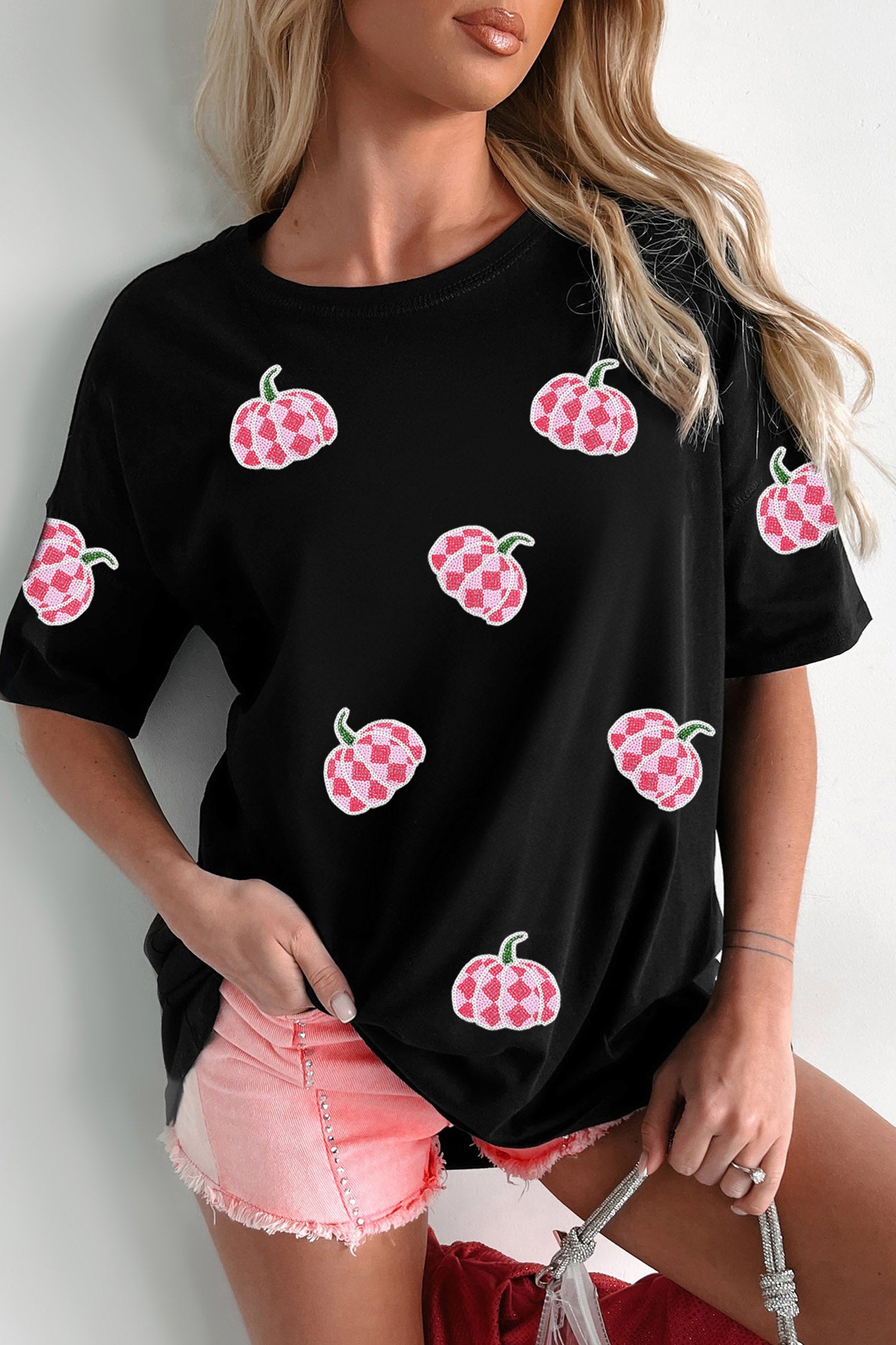 Black Sequin Plaid Pumpkin Graphic Round Neck T Shirt