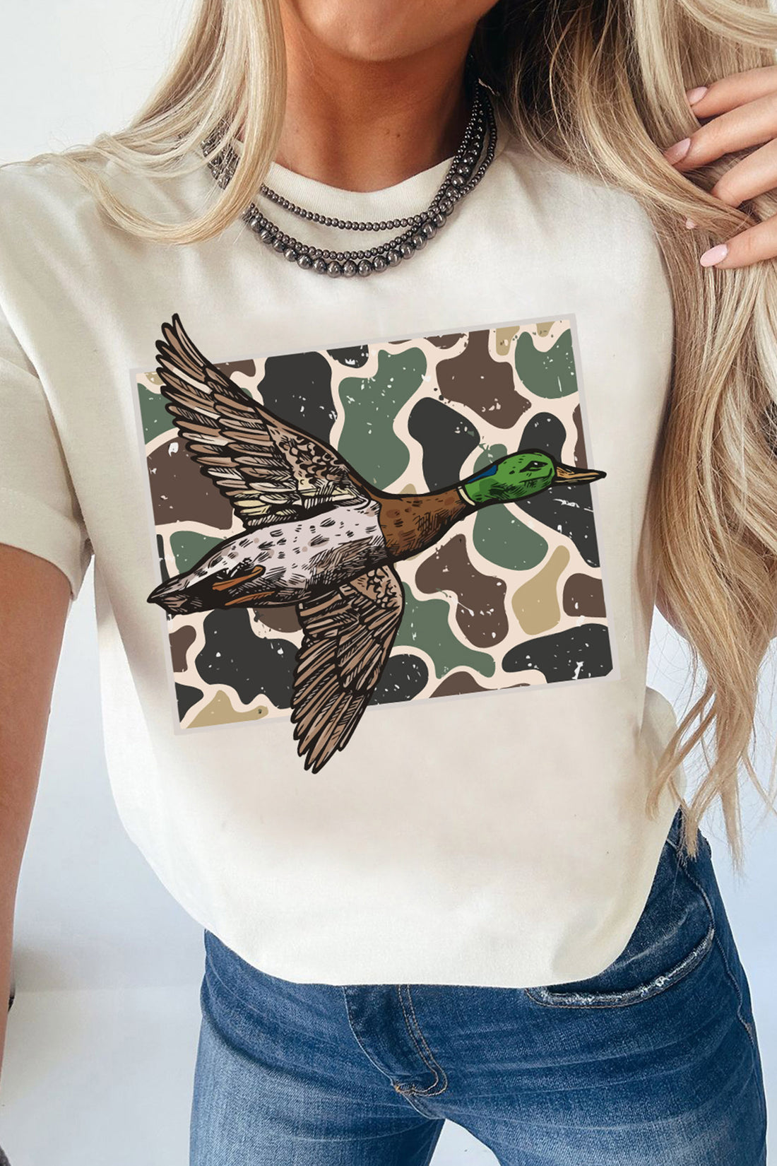 White Western Camo Mallard Duck Graphic Casual Short Sleeve T-Shirt