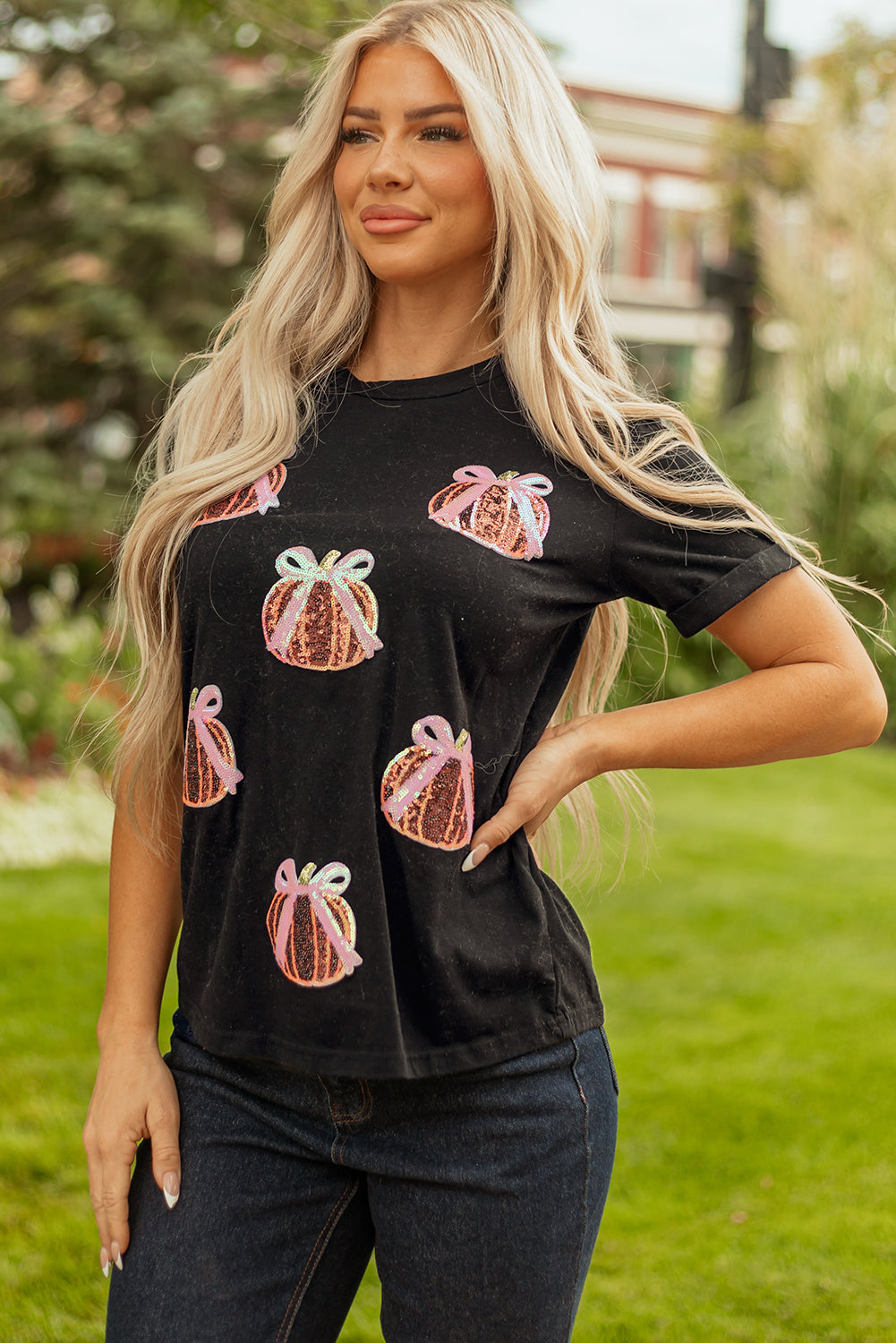 Black Sequin Bow Pumpkin Patched Cotton Blend T Shirt