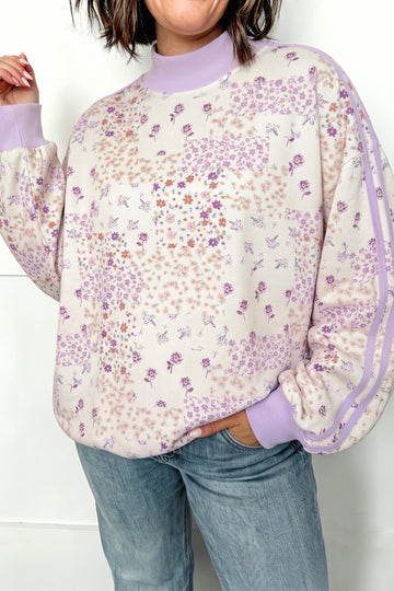 Purple Floral Print High Neck Colorblock Sleeve Paneling Sweatshirt