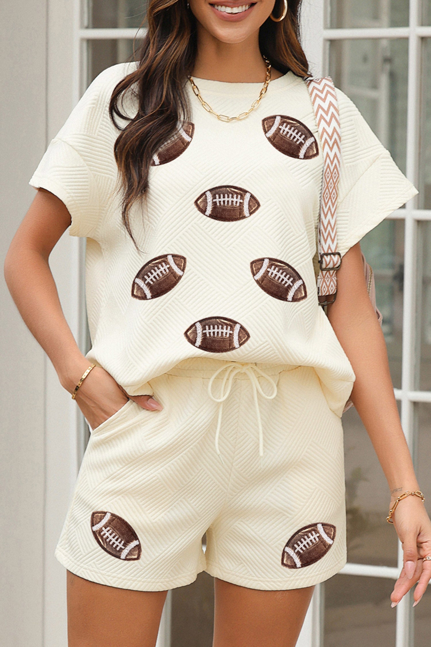 Apricot Quilted Texture Rugby Graphic Short Sleeve Drawstring 2pcs Short Set