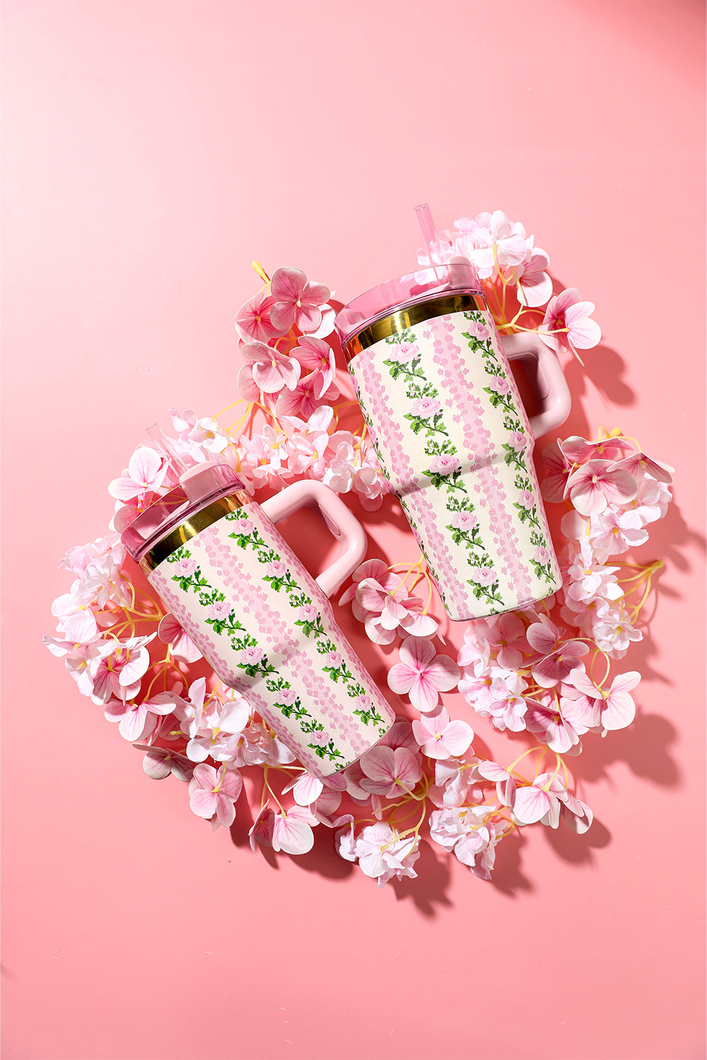 Pink 14/20 OZ Dainty Floral Print Stainless Steel Tumbler with Straw